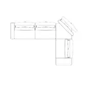 Modular sectional sofa line drawing, white background, rectangular seats, corner module, reclined back, arrows indicate dimensions.