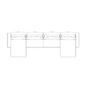 Three-seater sofa technical drawing, black lines, rounded continuous form, dotted cushions, modular design, white background.