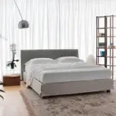 Superior Horm White bed with gray textile upholstery and mocha lacquered solid beechwood feet crafted in Italy