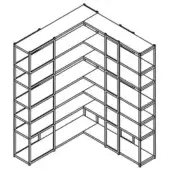 Corner shelving unit white line drawing, L-shape with adjustable shelves, grid framework, minimalist industrial design, open storage.