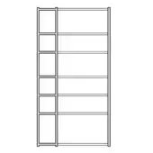 Shelving unit black and white line drawing, six compartments left, eight open shelves right, minimalist grid structure, functional design.