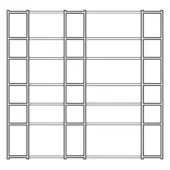 Shelving unit wireframe, matte black lines, symmetrical grid of five sections with rectangular compartments on a white background.