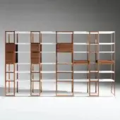 Distinguished Horm 93-08 bookcase with geometric design, solid wood structure, and contrasting white MDF shelves and drawers with smooth finish
