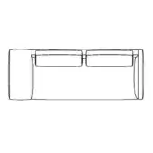 Sofa schematic drawing, black lines on white, shows a low, wide rectangular form with square back cushions and rounded sides.