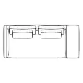 Modular sofa section line drawing, black on white, rectangular form with rounded edges, recessed back cushions, cylindrical connector, dimensions noted.