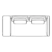 Sofa, light fabric, rectangular form with rounded edges; includes two cushions and dimensional text below, outlined in dark lines.