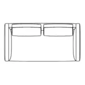 Sofa a 90d line drawing, minimalist design, low profile with curved back, wide rounded armrests, two rectangular cushions, black on white.