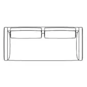 Sofa b 90d line drawing, low profile rectangular sofa with rounded ends, two cushions, curved back, cylindrical side elements, white background.