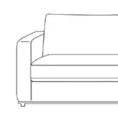 Sofa line drawing, rectangular form, low profile, cushioned seat, squared armrest, simple base, black on white background.