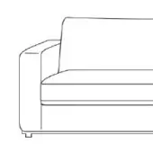 Modern sofa line drawing, black on white, featuring a boxy shape, straight backrest, and squared armrests with recessed base detail.