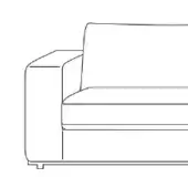 Sofa line drawing, rectangular form, angled backrest, wide cushioned seat, squared armrest, minimalist design, white background.