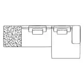 Modular furniture system schematic, white background, linear drawing of three connected rectangular modules with textured and square details.