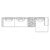 Sectional sofa line drawing, black and white, L-shape with textured central panel and bolster pillows, contemporary modular design.