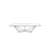 Rectangular table with black geometric base against white backdrop, featuring intersecting lines forming triangular shapes, minimalist metal framework.