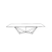 Rectangular table with black geometric base, white tabletop, minimalist design, intersecting linear structure, modern furniture.