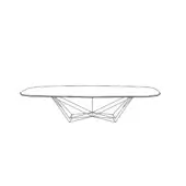 Coffee table, black metal, angular design with a matte, organic-shaped tabletop and flared triangular base against a white backdrop.
