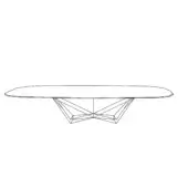 Coffee table, glass or stone top, rounded shape, with geometric metal base featuring intersecting triangular and trapezoidal forms, minimalist design.