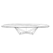 Coffee table line drawing, white background, organic tabletop shape with central indentation, geometric triangular base, minimalist style.