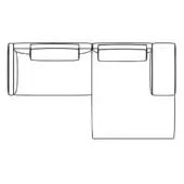 Sectional sofa line drawing, L-shape configuration, squared back cushions, rounded and angular armrests, technical illustration, white background.