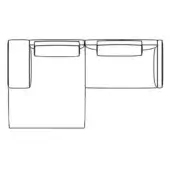 Sectional sofa line drawing, black and white, L-shape configuration with rectangular cushions and curved armrests, minimalist design.