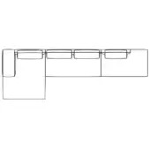 Sectional sofa black and white line drawing, five rectangular modules forming an L-shape, with recessed cushion details, labeled “comp. d 90d sx”.