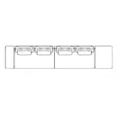Modular storage unit, black line drawing, rectangular compartments with recessed panels, cylindrical end caps, geometric design, dimensions noted.