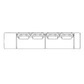 Modular seating system line drawing, black on white, rectangular units with rounded edges and cylindrical end caps, minimalist design.