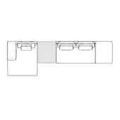 Modular sofa schematic, gray and white, L-shaped configuration with labeled sections and rectangular cushions, technical drawing.