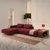 Distinguished Horm Billie sectional with deep red textile upholstery and a light ecological aluminum frame showcasing tailoring craftsmanship
