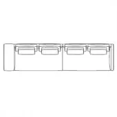 Sectional sofa line drawing, black and white, modular design with rectangular cushions and a low, boxy platform base.
