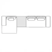 Modular sofa line drawing, black on white, showing a left-facing sectional and three-seater with cushioned backs and connecting element.