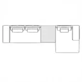 Modular sofa line drawing, black and white, L-shape configuration with three sections, rectangular cushions, contemporary design.