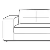 Sectional sofa line drawing, black on white, square armrest, quilted backrest, minimalist design, technical illustration, short dark legs.