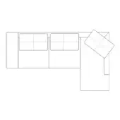 Sectional sofa, line drawing, rectilinear form, chaise lounge, white background, technical schematic, floor plan, dashed cushion detail.