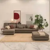 Distinguished Horm Ellington sectional with light aluminum frame showcasing tailoring crafted in muted taupe-brown textile and matte finish
