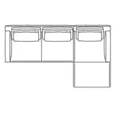 Sectional sofa line drawing, black and white, L-shape with three rectangular seats, square cushion, curved backrests, and armrests.
