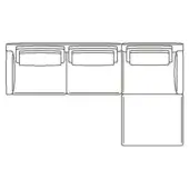 Sectional sofa line drawing, black and white, L-shape with three rectangular back cushions, square seat, modular design, contemporary style.