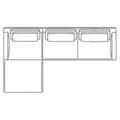 Modular sofa line drawing, black and white, L-shape configuration with three rectangular sections, rounded arms, and cushioned seats.