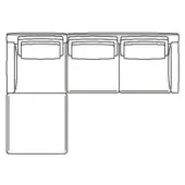 Modular sectional sofa, black and white line drawing, L-shape with three rectangular seats and one square module, low profile design.