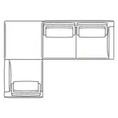 Modular sectional sofa line drawing, black and white, L-shape with square cushions and rectangular pillows, minimalist geometric design.