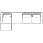 Modular sectional sofa line drawing, black on white, L-shape with four rectangular seats and one square extension, minimalist design.