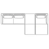 Modular sofa line drawing, white background, L-shape configuration with five square sections, cushioned backrests, technical schematic.