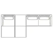 Modular sectional sofa, black and white line drawing, L-shape configuration with five square units, minimalist geometric design, studio rendering.