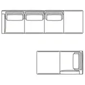 Modular sofa line drawing, black on white, showing rectangular sections with cushioned backrests and stitching details, labeled “comp. j dx.”