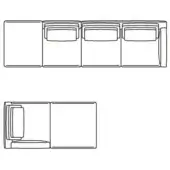 Modular sofa technical drawing, linear design, four rectangular modules, back cushions, minimalist aesthetic, white background.