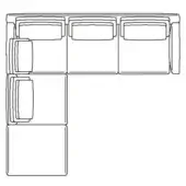 Modular sectional sofa line drawing, rectangular modules, L-shape, high back cushions, schematic seating arrangement, white background.