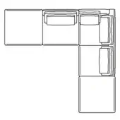 Sectional sofa line drawing, black and white, L-shape composed of seven modules with cushioned backs and stacked vertical cushions, labeled “comp. l dx”.