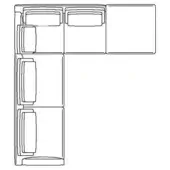 Modular sectional sofa line drawing, black and white, L-shape configuration with five rectangular cushioned units, contemporary design schematic.