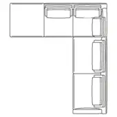 Modular sectional sofa line drawing, black and white, L-shape with five rectangular sections and cushioned seats, minimalist design.