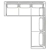 Sectional sofa black and white line drawing, L-shape with four modular components, cushioned backrests, contemporary boxy silhouette.